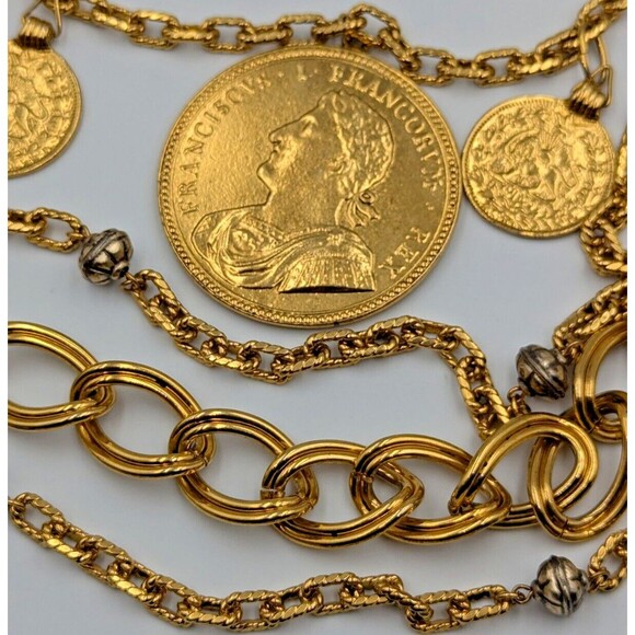 Vintage Les Bernard Gold Tone Multi Stand Coin Lucite Long Statement Necklace - Picture 15 of 16